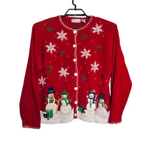 Vintage B.P. Designs Cardigan Size XL Winter Christmas Snowman Red Embroidered